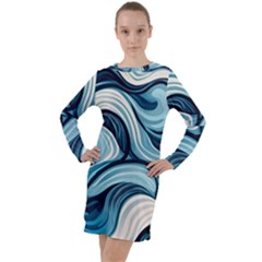 Pattern Ocean Waves Arctic Ocean Blue Nature Sea Long Sleeve Hoodie Dress