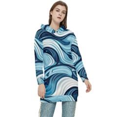 Pattern Ocean Waves Arctic Ocean Blue Nature Sea Women s Long Oversized Pullover Hoodie