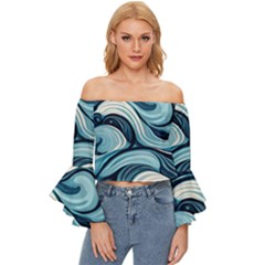 Pattern Ocean Waves Arctic Ocean Blue Nature Sea Off Shoulder Flutter Bell Sleeve Top