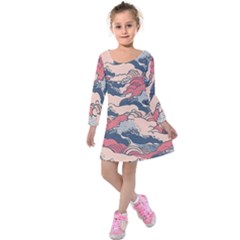 Waves Ocean Sea Water Pattern Rough Seas Kids  Long Sleeve Velvet Dress