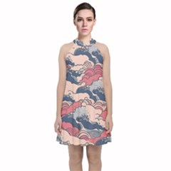 Waves Ocean Sea Water Pattern Rough Seas Velvet Halter Neckline Dress 