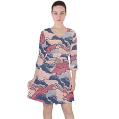 Waves Ocean Sea Water Pattern Rough Seas Quarter Sleeve Ruffle Waist Dress