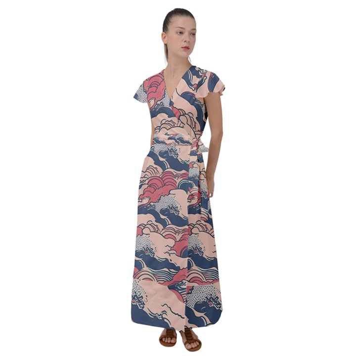 Waves Ocean Sea Water Pattern Rough Seas Flutter Sleeve Maxi Dress