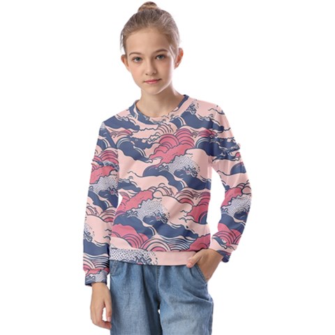 Waves Ocean Sea Water Pattern Rough Seas Kids  Long Sleeve Tee With Frill  by danenraven