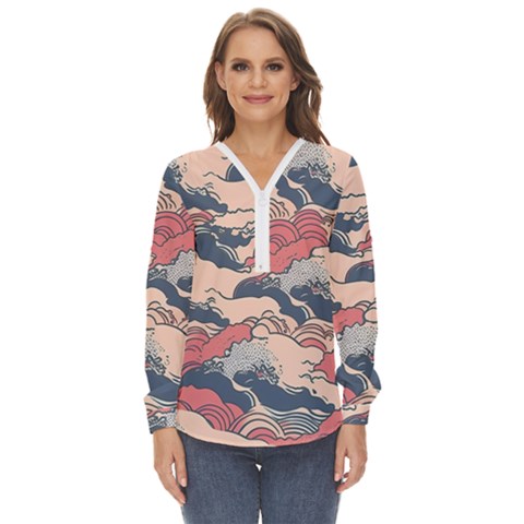 Waves Ocean Sea Water Pattern Rough Seas Zip Up Long Sleeve Blouse by danenraven