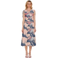 Waves Ocean Sea Water Pattern Rough Seas V-neck Drawstring Shoulder Sleeveless Maxi Dress