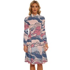 Waves Ocean Sea Water Pattern Rough Seas Long Sleeve Shirt Collar A-line Dress by danenraven