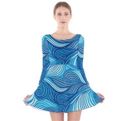 Ocean Waves Sea Abstract Pattern Water Blue Long Sleeve Velvet Skater Dress