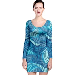 Ocean Waves Sea Abstract Pattern Water Blue Long Sleeve Velvet Bodycon Dress