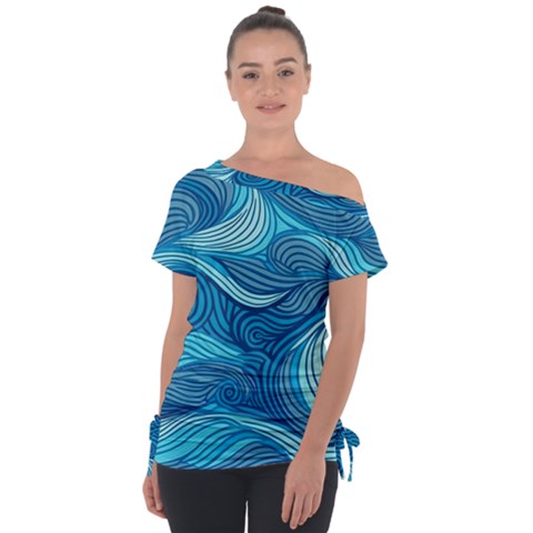 Ocean Waves Sea Abstract Pattern Water Blue Off Shoulder Tie-up Tee by danenraven