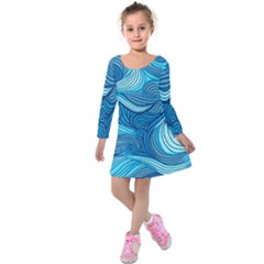 Ocean Waves Sea Abstract Pattern Water Blue Kids  Long Sleeve Velvet Dress