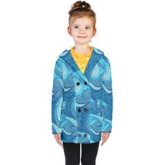 Ocean Waves Sea Abstract Pattern Water Blue Kids  Double Breasted Button Coat by danenraven