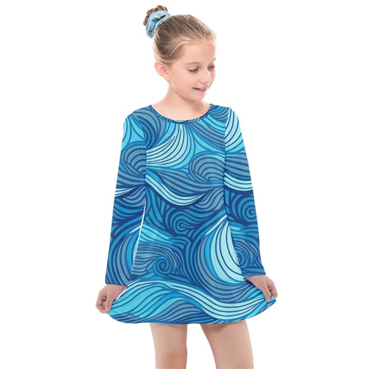 Ocean Waves Sea Abstract Pattern Water Blue Kids  Long Sleeve Dress