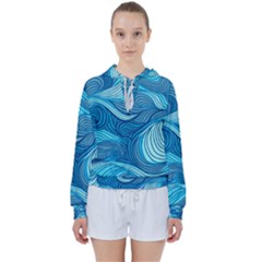 Ocean Waves Sea Abstract Pattern Water Blue Women s Tie Up Sweat