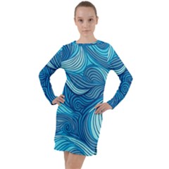 Ocean Waves Sea Abstract Pattern Water Blue Long Sleeve Hoodie Dress