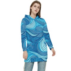 Ocean Waves Sea Abstract Pattern Water Blue Women s Long Oversized Pullover Hoodie