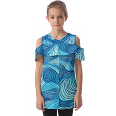 Ocean Waves Sea Abstract Pattern Water Blue Fold Over Open Sleeve Top