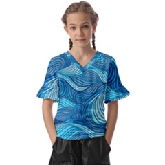 Ocean Waves Sea Abstract Pattern Water Blue Kids  V-neck Horn Sleeve Blouse by danenraven