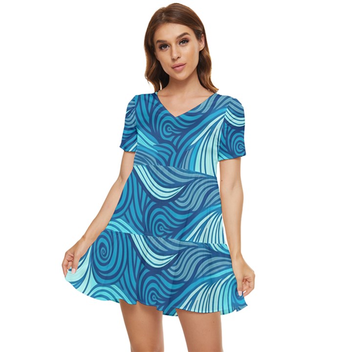 Ocean Waves Sea Abstract Pattern Water Blue Tiered Short Sleeve Babydoll Dress