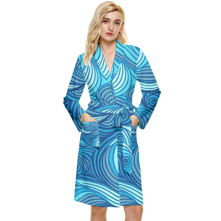 Ocean Waves Sea Abstract Pattern Water Blue Long Sleeve Velvet Robe