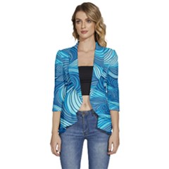 Ocean Waves Sea Abstract Pattern Water Blue Women s 3/4 Sleeve Ruffle Edge Open Front Jacket by danenraven