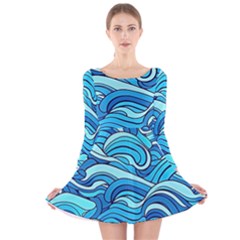 Pattern Ocean Waves Blue Nature Sea Abstract Long Sleeve Velvet Skater Dress