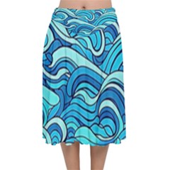 Pattern Ocean Waves Blue Nature Sea Abstract Velvet Flared Midi Skirt