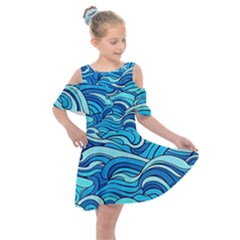 Pattern Ocean Waves Blue Nature Sea Abstract Kids  Shoulder Cutout Chiffon Dress by danenraven