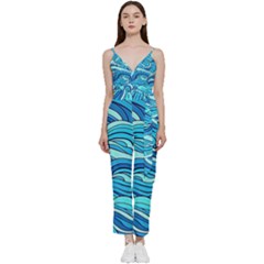 Pattern Ocean Waves Blue Nature Sea Abstract V-neck Spaghetti Strap Tie Front Jumpsuit by danenraven