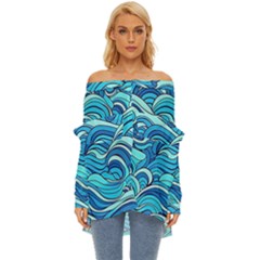 Pattern Ocean Waves Blue Nature Sea Abstract Off Shoulder Chiffon Pocket Shirt by danenraven