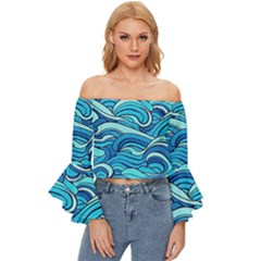 Pattern Ocean Waves Blue Nature Sea Abstract Off Shoulder Flutter Bell Sleeve Top