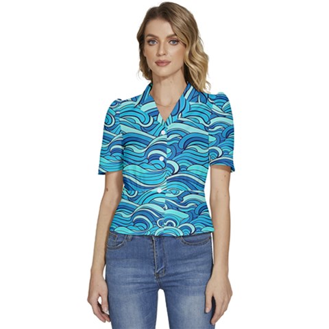 Pattern Ocean Waves Blue Nature Sea Abstract Puffed Short Sleeve Button Up Jacket by danenraven