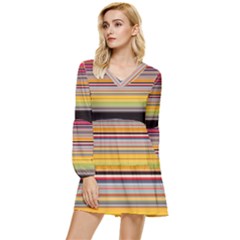 Neopolitan Horizontal Lines Strokes Tiered Long Sleeve Mini Dress