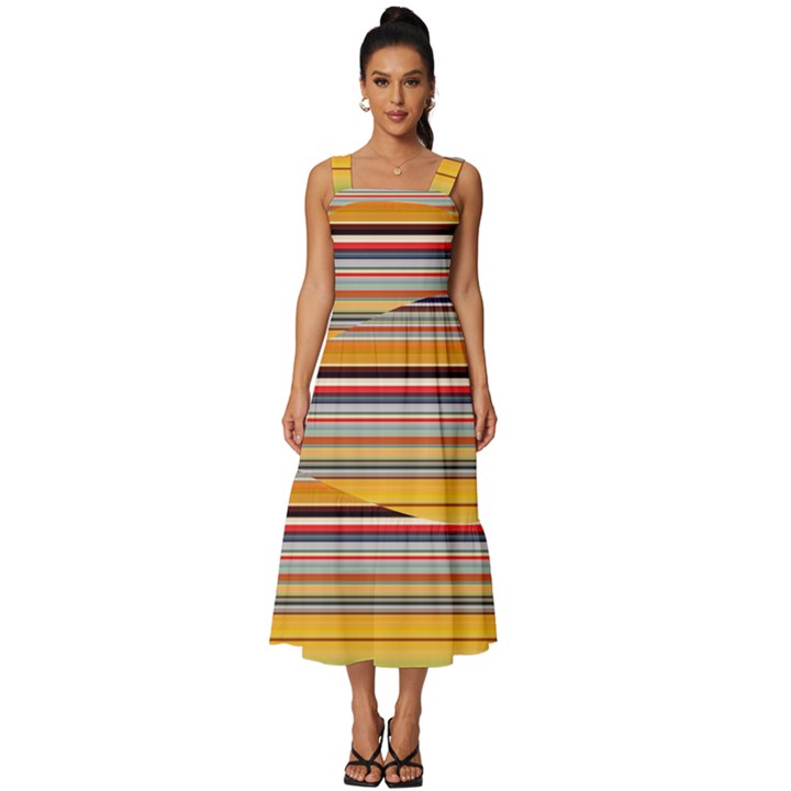 Neopolitan Horizontal Lines Strokes Square Neckline Tiered Midi Dress