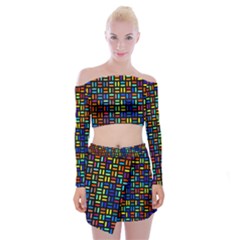 Geometric Colorful Square Rectangle Off Shoulder Top With Mini Skirt Set