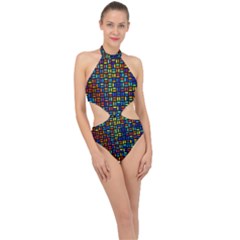 Geometric Colorful Square Rectangle Halter Side Cut Swimsuit