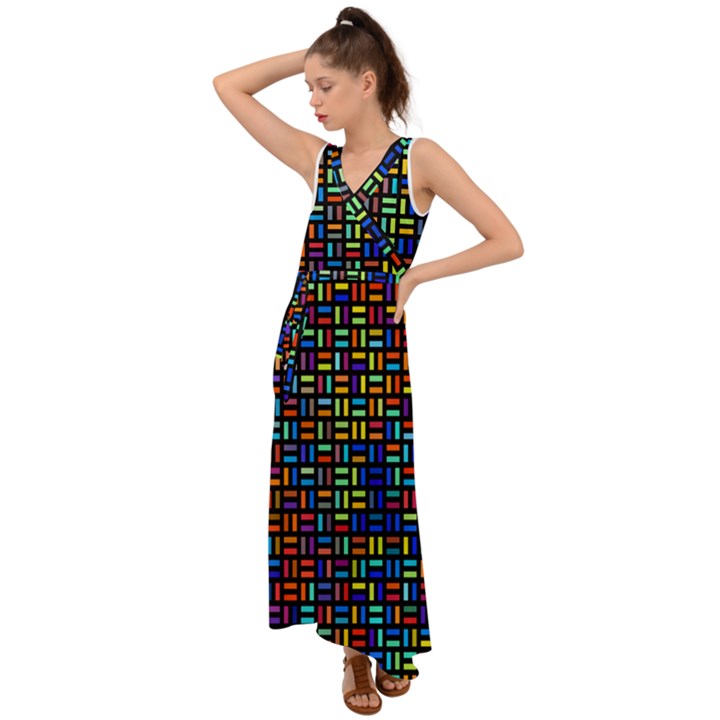 Geometric Colorful Square Rectangle V-Neck Chiffon Maxi Dress