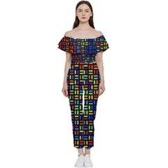 Geometric Colorful Square Rectangle Off Shoulder Ruffle Top Jumpsuit by Bangk1t