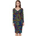 Geometric Colorful Square Rectangle Long Sleeve V-Neck Bodycon Dress  View1