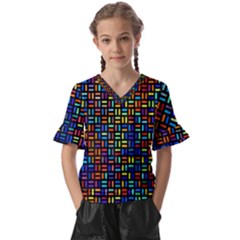 Geometric Colorful Square Rectangle Kids  V-neck Horn Sleeve Blouse