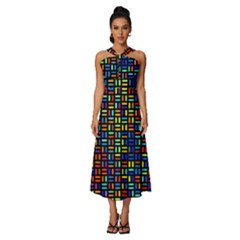 Geometric Colorful Square Rectangle Sleeveless Cross Front Cocktail Midi Chiffon Dress