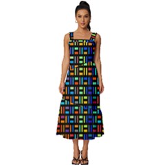 Geometric Colorful Square Rectangle Square Neckline Tiered Midi Dress