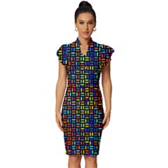 Geometric Colorful Square Rectangle Vintage Frill Sleeve V-neck Bodycon Dress by Bangk1t