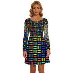 Geometric Colorful Square Rectangle Long Sleeve Wide Neck Velvet Dress by Bangk1t