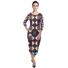 Symmetry Geometric Pattern Texture Quarter Sleeve Midi Velour Bodycon Dress