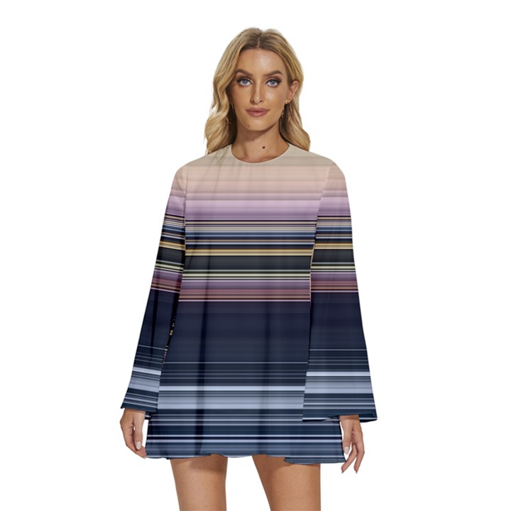 Horizontal Line Strokes Color Lines Round Neck Long Sleeve Bohemian Style Chiffon Mini Dress