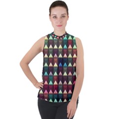 Diamond Geometric Square Design Pattern Mock Neck Chiffon Sleeveless Top by Bangk1t