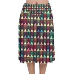 Diamond Geometric Square Design Pattern Velvet Flared Midi Skirt by Bangk1t