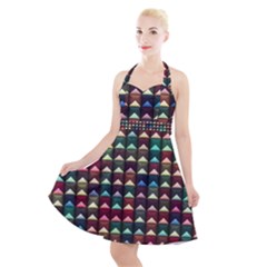 Diamond Geometric Square Design Pattern Halter Party Swing Dress  by Bangk1t