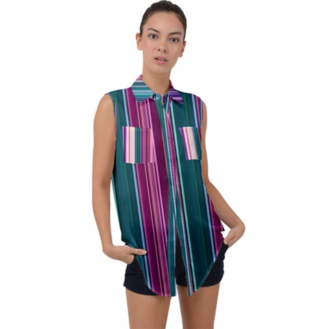 Vertical Line Color Lines Texture Sleeveless Chiffon Button Shirt by Bangk1t